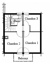 Top Floor layout with 3 bedrooms, bathroom and balcony