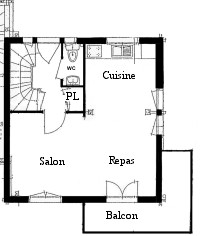 Middle Floor layout with kitchen, Living Room, Dining Room and Balcony
