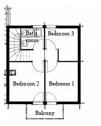 Top Floor layout with 3 bedrooms, bathroom and balcony