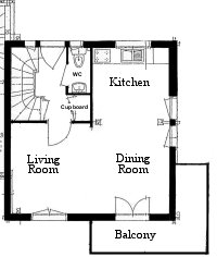 Middle Floor layout with kitchen, Living Room, Dining Room and Balcony